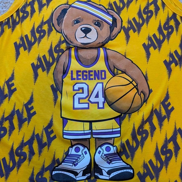 Vibes Yellow Hustle Basketball Bear Graphic Tank Top Men's Large Streetwear - Picture 4 of 4